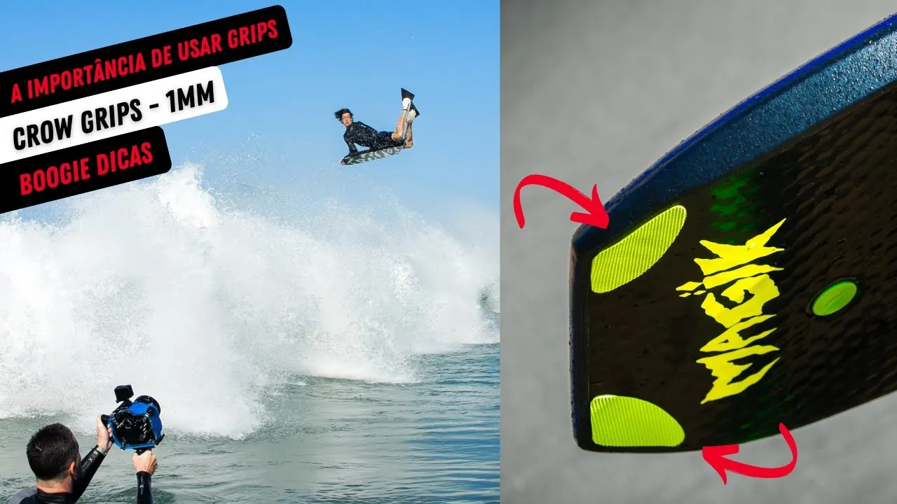 Grips Crow amarelos no bico de uma prancha Magik e um bodyboarder no ar sobre a onda