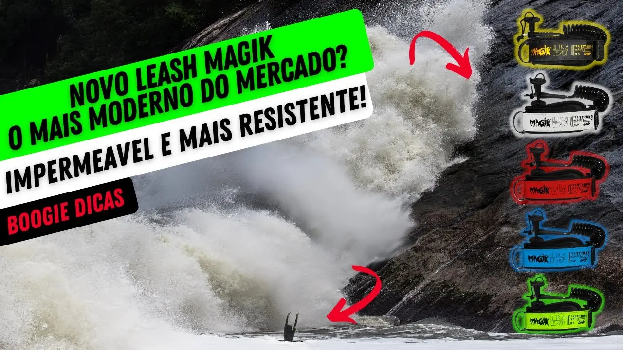 Leashes Magik em cinco cores ao lado de uma onda quebrando nas pedras