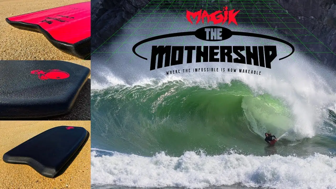 Prancha Magik The Mothership em três ângulos e um bodyboarder dentro de um tubo verde
