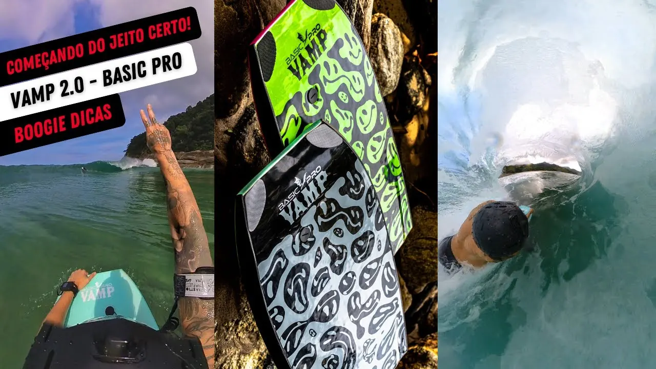 Pranchas Magik Vamp 2.0 Basic Pro sobre as pedras e um bodyboarder entrando no tubo
